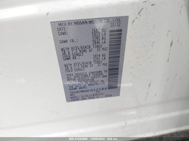 Aukcja sprzedaży 2013 Nissan Pathfinder Sl, vin: 5N1AR2MN4DC612584, numer aukcji: 41034598