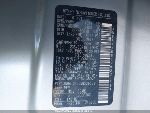 JN8AT3BB8MW226533 Nissan Rogue Sv Intelligent Awd