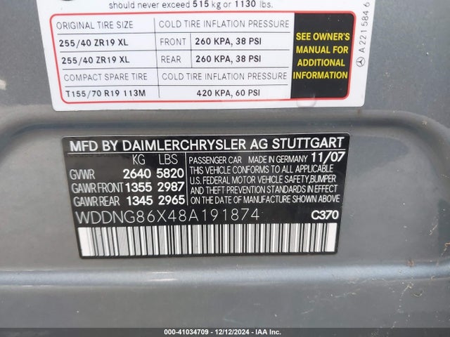 41034709 :رقم المزاد ، WDDNG86X48A191874 vin ، 2008 Mercedes-benz S 550 4matic مزاد بيع