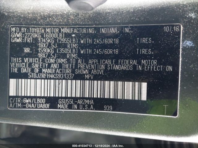 5TDJZRFH4KS931337 Toyota Highlander Xle