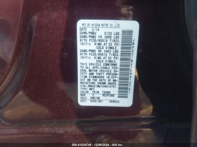 JN8AZ1MU1EW410781 Nissan MURANO SL
