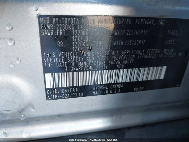 4T3RWRFV9MU023114 Toyota Rav4 Hybrid Xle