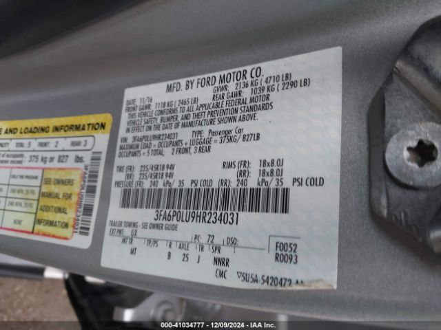 3FA6P0LU9HR234031 Ford Fusion Hybrid Se