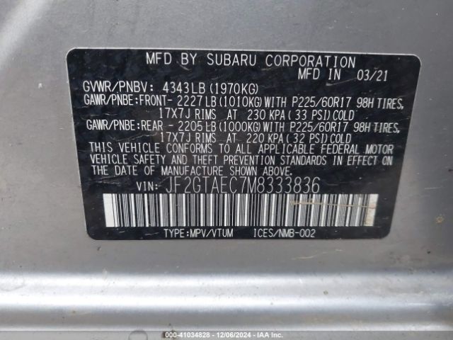 JF2GTAEC7M8333836 Subaru Crosstrek Premium