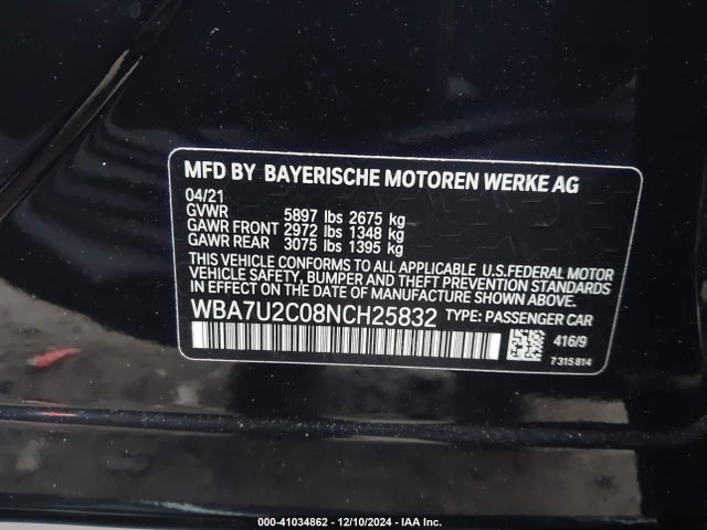 BMW 750 I Xdrive 2022 WBA7U2C08NCH25832 Image 9