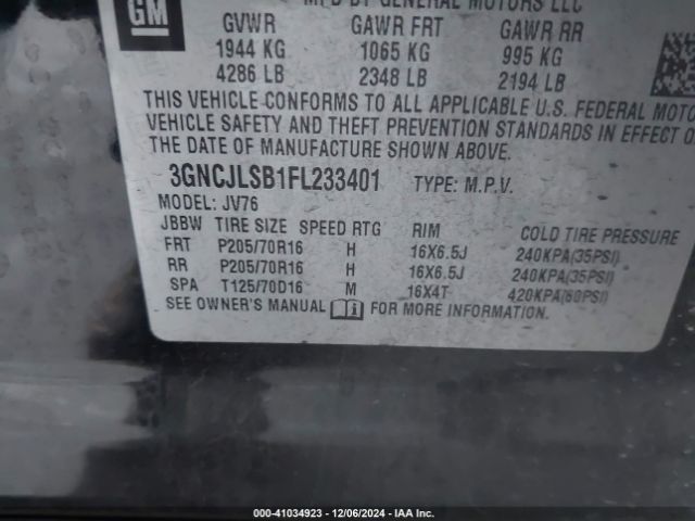 3GNCJL2B1FL233401 Chevrolet TRAX 1LT