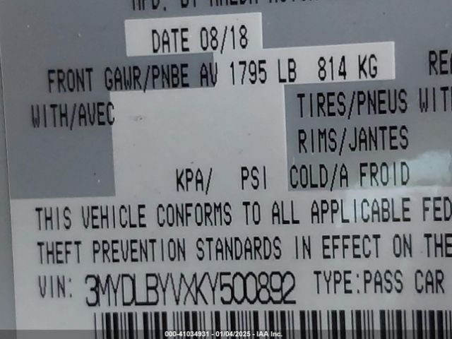 3MYDLBYVXKY500892 Toyota YARIS LE