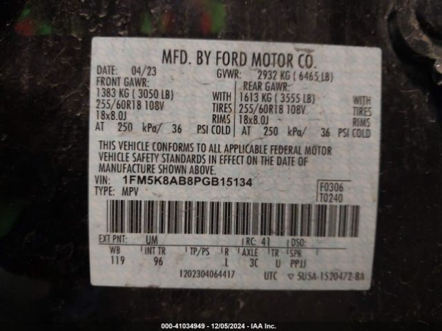 1FM5K8AB8PGB15134 Ford Police Interceptor Utility