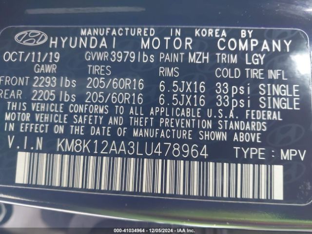 KM8K12AA3LU478964 Hyundai Kona Se