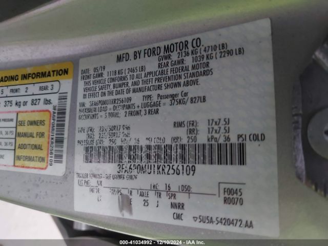 3FA6P0MU1KR256109 Ford Fusion Hybrid Sel