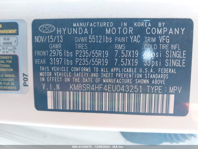 KM8SR4HF4EU043251 Hyundai Santa Fe Limited