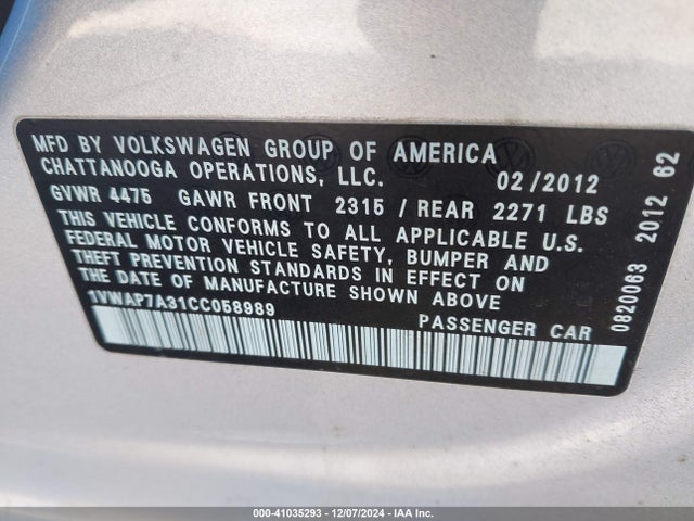 41035293 :رقم المزاد ، 1VWAP7A31CC058989 vin ، 2012 Volkswagen Passat 2.5l S مزاد بيع