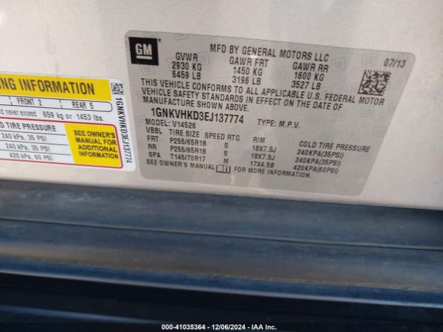1GNKVHKD3EJ137774 Chevrolet Traverse 2lt