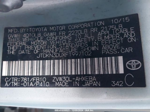 JTDKN3DUXF1997102 Toyota Prius Two