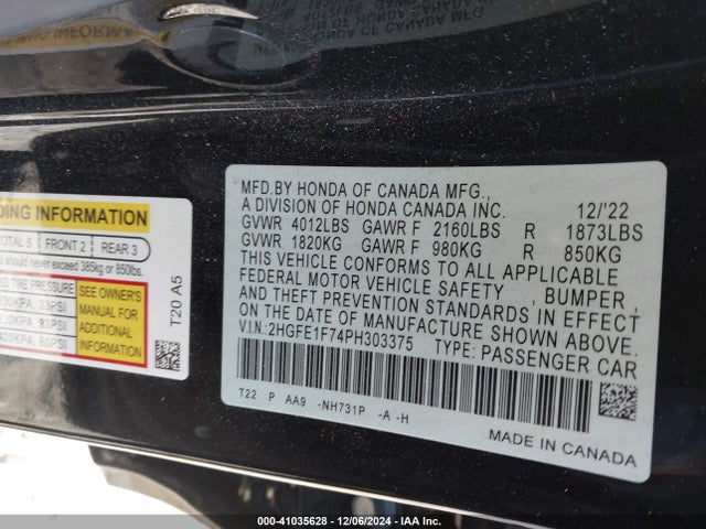 Honda Civic Ex /ex W/o Bsi 2023 2HGFE1F74PH303375 Image 9