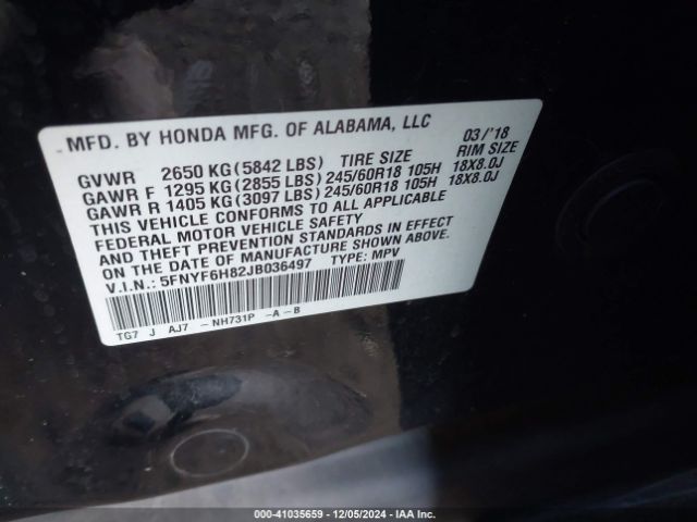 5FNYF6H82JB036497 Honda Pilot Ex-l