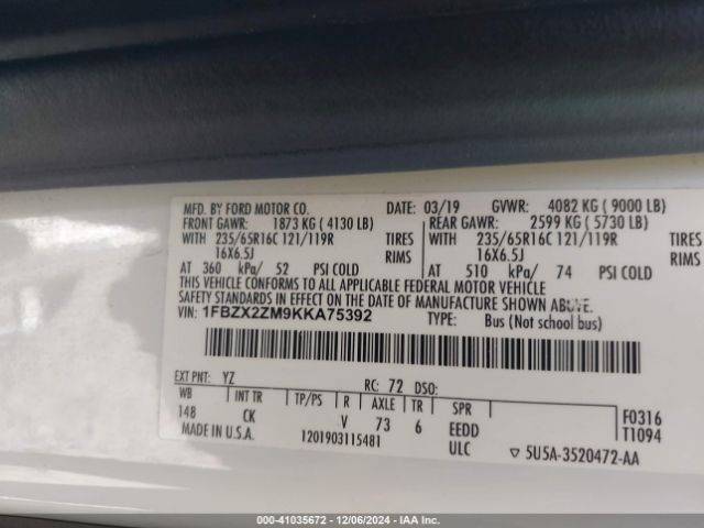 1FBZX2ZM9KKA75392 Ford Transit-350 Xlt