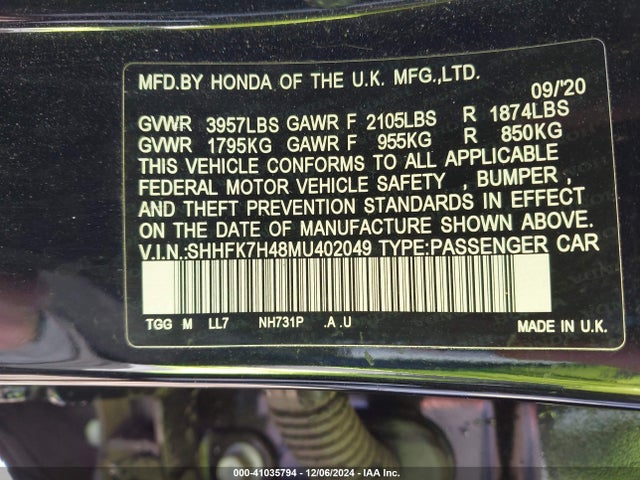 SHHFK7H48MU402049 Honda Civic Sport