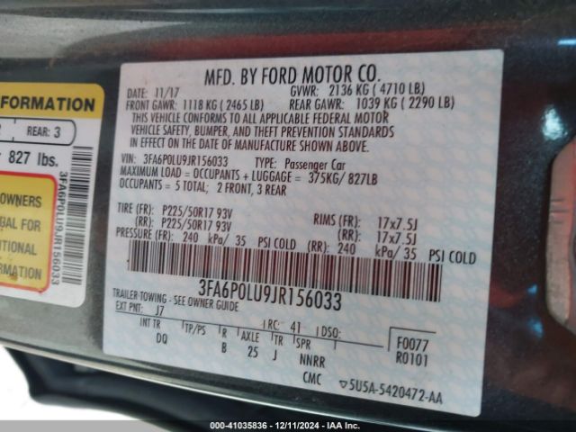 3FA6P0LU9JR156033 Ford Fusion Hybrid Se