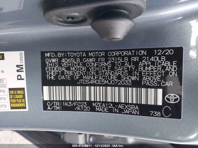 Toyota COROLLA SE 2021 JTDS4MCE5MJ072033 Image 9