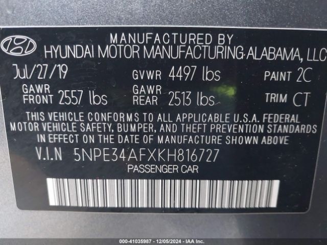 5NPE34AFXKH816727 Hyundai SONATA SEL