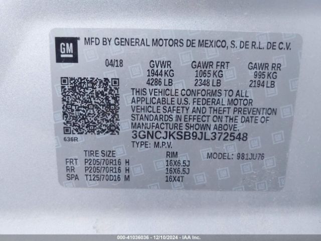 3GNCJKSB9JL372548 Chevrolet TRAX LS
