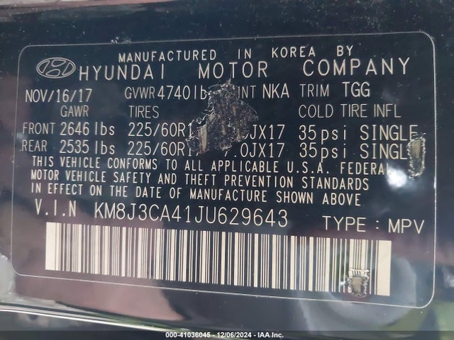 KM8J3CA41JU629643 Hyundai TUCSON SEL