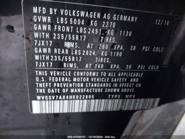 WVGSV7AX4HK022805 Volkswagen Tiguan 2.0t Wolfsburg Edition