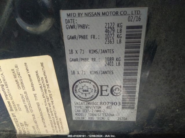 5N1AT2MV8GC807903 Nissan Rogue S/sl/sv