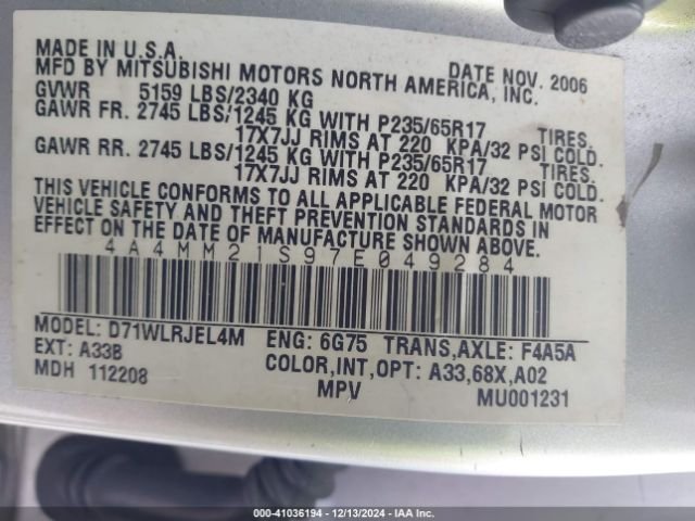 2007 MITSUBISHI ENDEAVOR 4A4MM21S97E049284 Photo 8