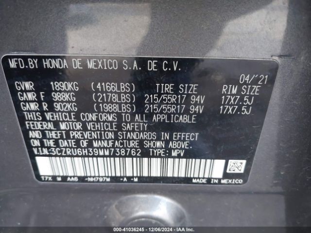 3CZRU6H39MM738762 Honda Hr-v Awd Lx