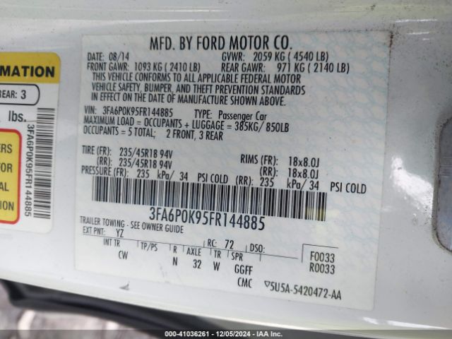 3FA6P0K95FR144885 Ford Fusion Titanium