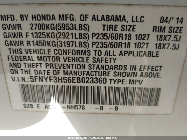 Honda Pilot Ex-l 2014 5FNYF3H56EB023360 Image 9