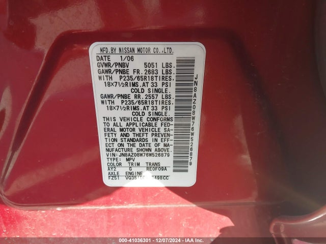 41036301 :رقم المزاد ، JN8AZ08W76W526879 vin ، 2006 Nissan Murano Sl مزاد بيع