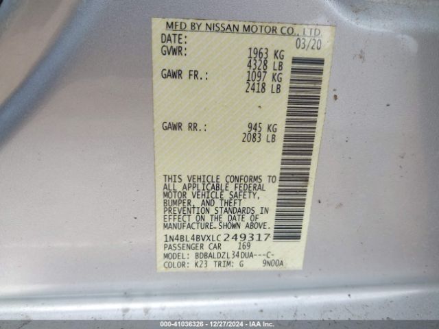 1N4BL4BVXLC249317 Nissan Altima S Fwd