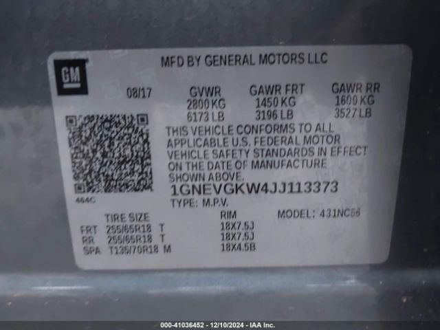 1GNEVGKW4JJ113373 Chevrolet Traverse 1lt