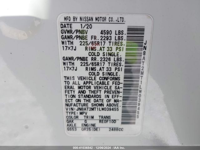 JN8AT2MT1LW039455 Nissan Rogue Sv Fwd