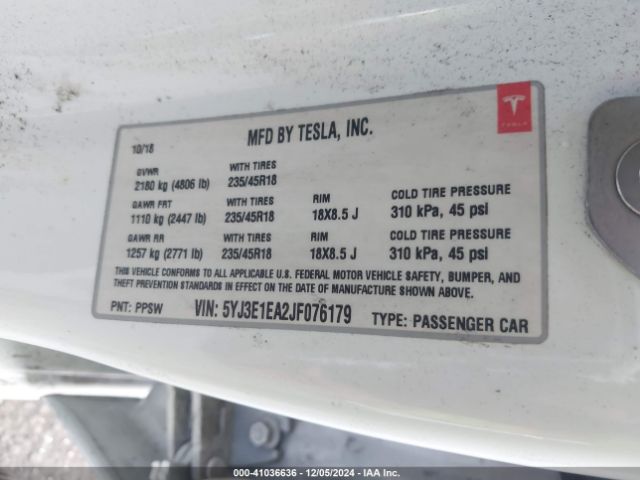 5YJ3E1EA2JF076179 Tesla Model 3 Long Range/mid Range