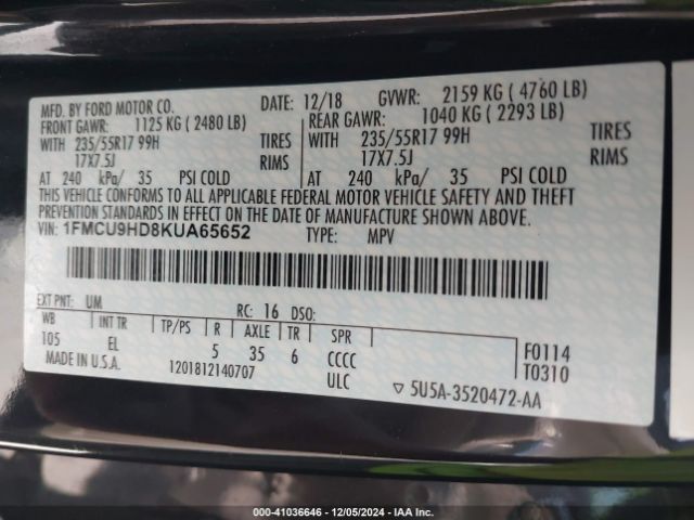 1FMCU9HD8KUA65652 Ford ESCAPE SEL