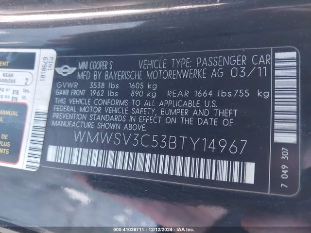2011 MINI COOPER S WMWSV3C53BTY14967 Photo 8