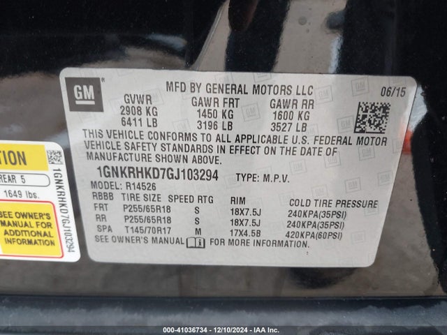 Chevrolet Traverse 2lt 2016 1GNKRHKD7GJ103294 Image 9