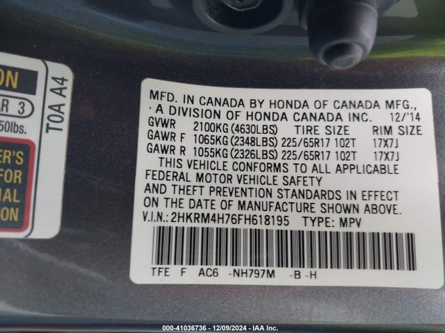 Honda Cr-v Ex-l 2015 2HKRM4H76FH618195 Image 9