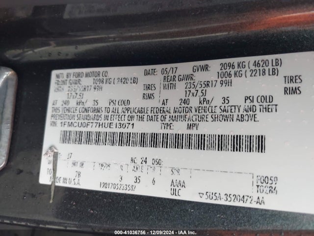 Ford ESCAPE S 2017 1FMCU0F77HUE13071 Image 9