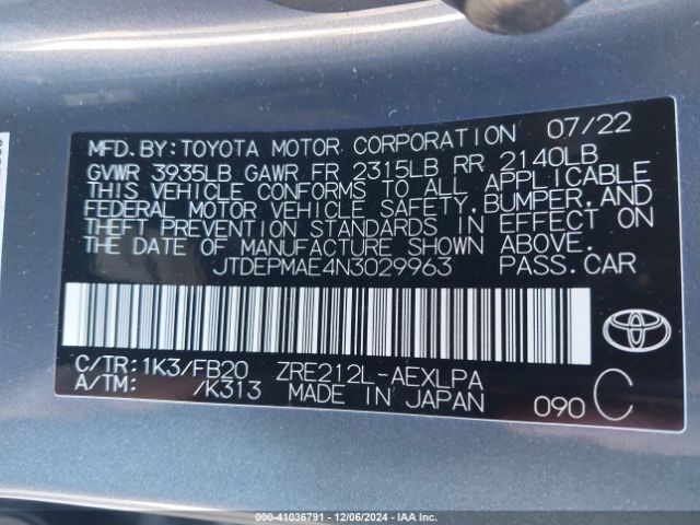 JTDEPMAE4N3029963 Toyota COROLLA LE