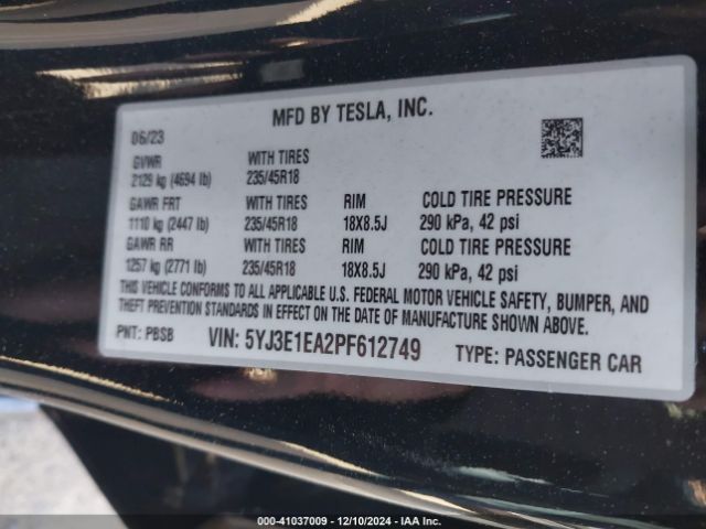 5YJ3E1EA2PF612749 Tesla Model 3 Rear-wheel Drive