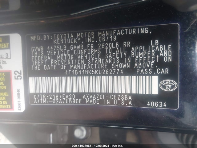4T1B11HK5KU282774 Toyota CAMRY SE