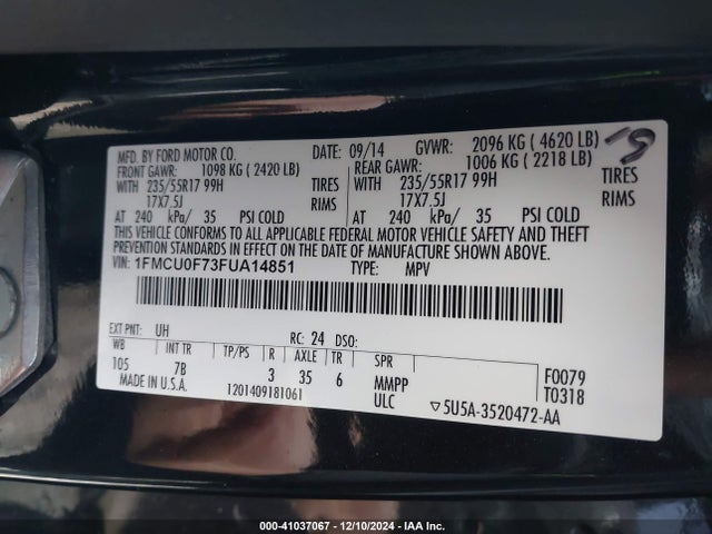 Ford ESCAPE S 2015 1FMCU0F73FUA14851 Image 9