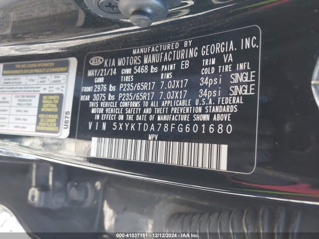 KIA Sorento Lx V6 2015 5XYKTDA78FG601680 Image 9