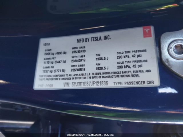 5YJ3E1EB7JF121836 Tesla Model 3 Long Range/performance