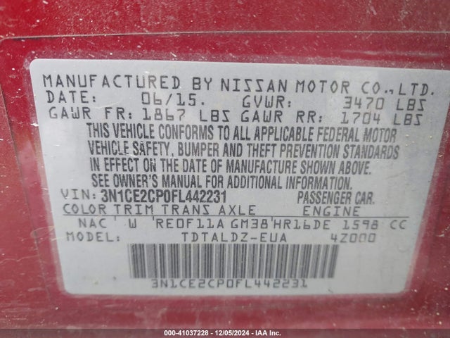 3N1CE2CP0FL442231 Nissan Versa Note Sv